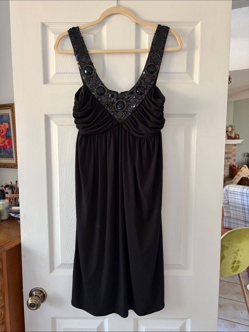 Y2K Maggy London Black Sleeveless Beaded V-Neck Mini Dress - LIKE NEW